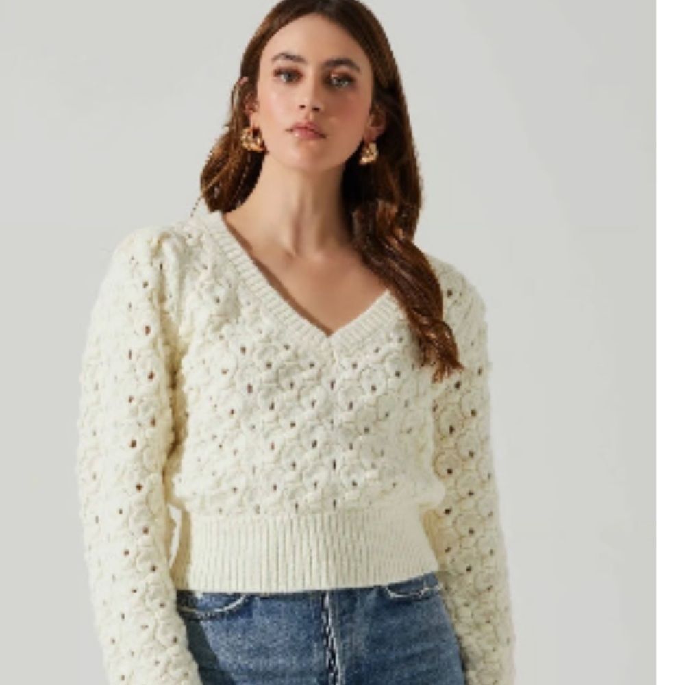 Astr The Label Bianca Pointelle Cream V-Neck Knit Sweater. Size Medium.